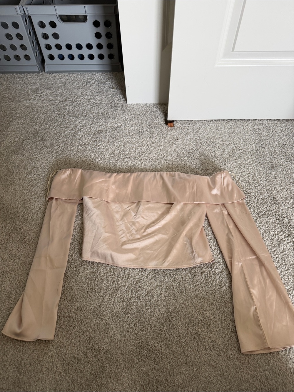 Off-Shoulder Satin Long Sleeve Top - Blush Pink